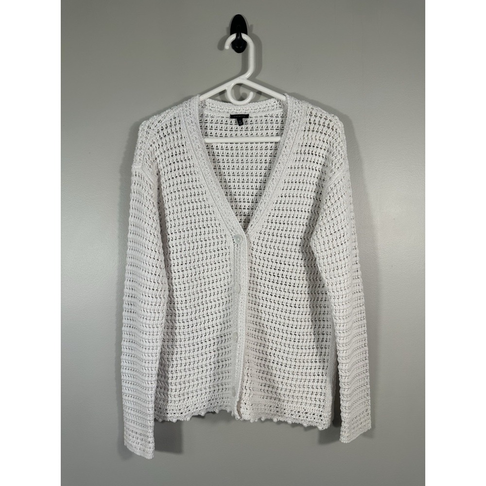 Talbots Sweater Women Medium White Open Knit Cardigan Beach Boho Cottage Cotton